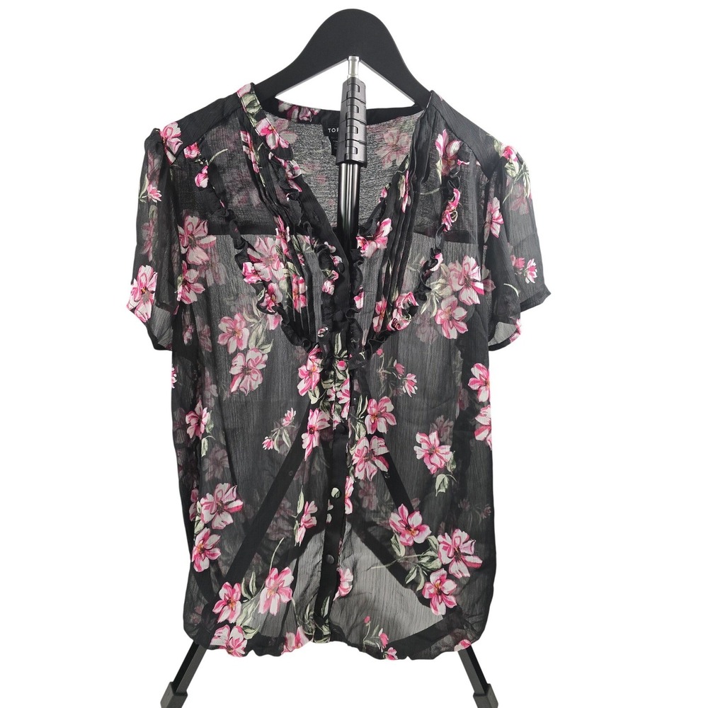 Torrid Floral Chiffon Ruffle‎ V-Neck Bubble Hem Blouse Black Pink Size 0 L/XL